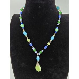 Vibrant Beaded Necklace Green Blue Glass‎ Bead Y-Drop Pendant Silver Tone Chain